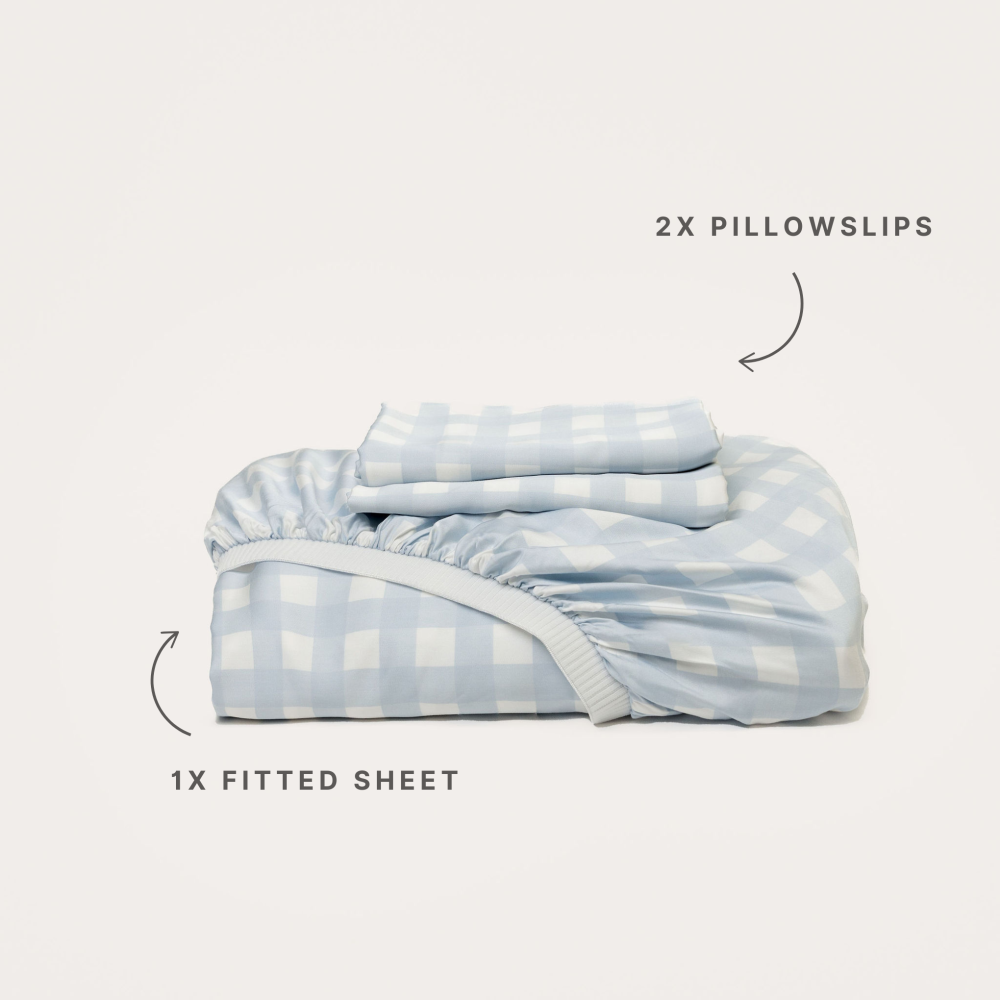 Bamboo Fitted Sheet & Pillowslips - Sky Gingham